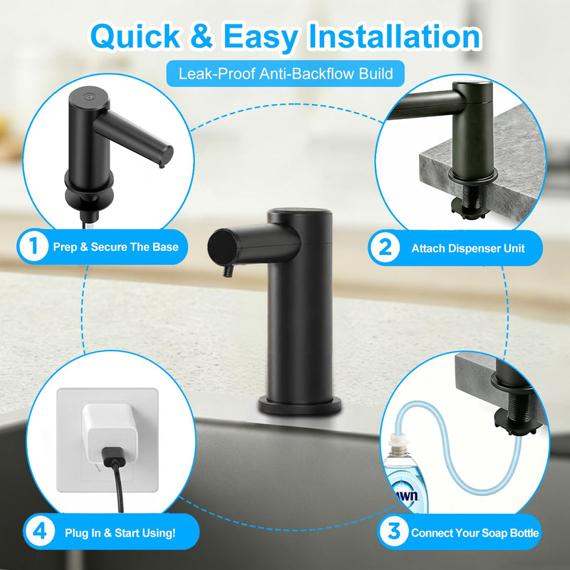 Touchless Automatic Dish Soap Dispenser for Kitchen Sink, Two Adjustable Sink Soap Pump, 38" Extension Tube, Leak-Proof Plug-in, Built-in for Bathroom Commercial (Black) Black