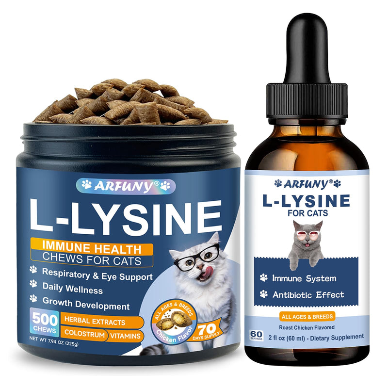 L-Lysine for Cats & Cat Lysine Chews - Support Immune Health, Normal Eye Function and Respiratory Health - 60ML Lysine for Feline Respiratory, Sneezing, Runny Nose, Eye Function - 500 Chicken Flavor