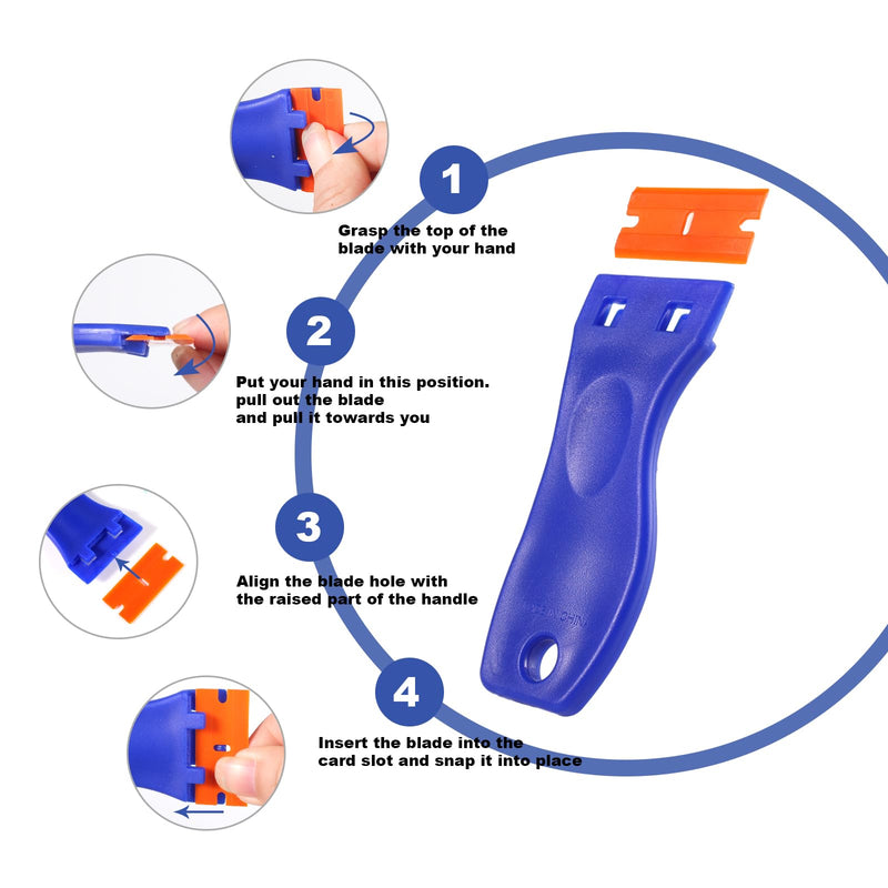 4 PCS Plastic Razor Blade Scraper and 120 PCS Plastic Razor Blades, Cleaning Scraper Tool for Remover, Adhesive, Stickers, Decals, Glass, Labels, Cars Windows Blue