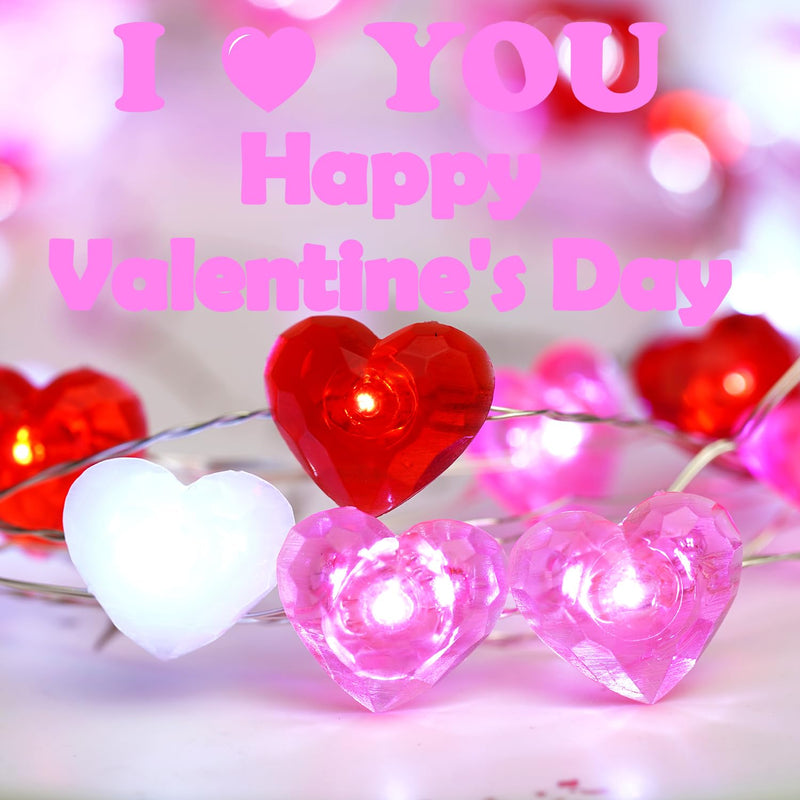 Valentines Day Decor 10 ft 40 LEDs Red White Pink Heart String Lights Battery Operated Garland Valentines Day Lights with Timer Valentines Day Decorations for The Home Indoor Mother's Day Red White and Pink