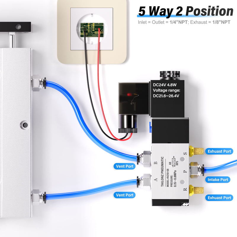 TAILONZ PNEUMATIC 1/4"NPT Solenoid Valve 4V210-08 DC24V Single Coil Pilot-Operated Electric 2 Position 5 Way Connection Type Junction Box 1/4"NPT/DC24V/Junction Box