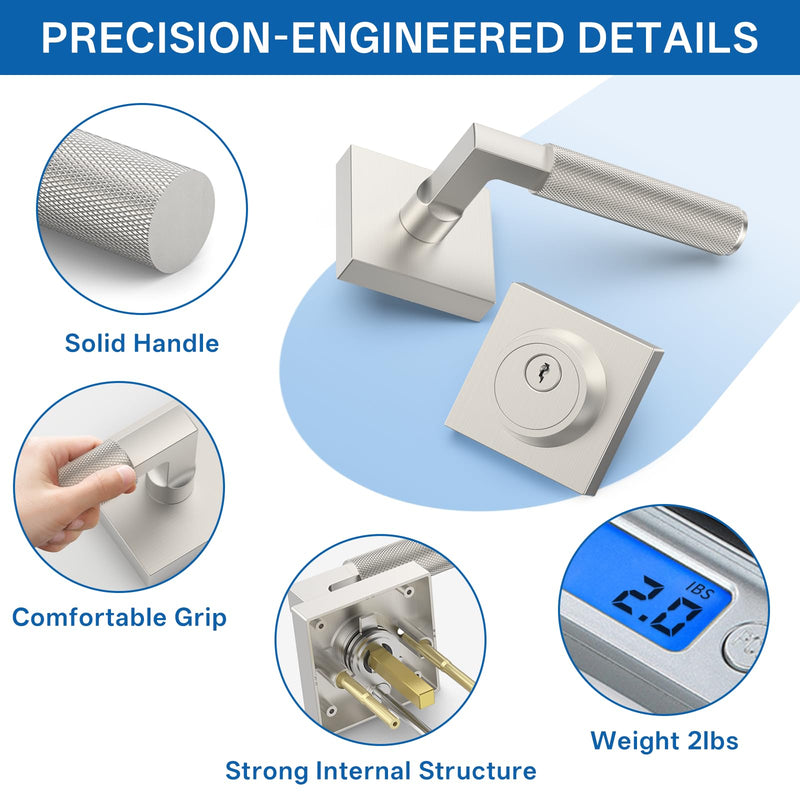 Amerdeco Front Door Lock Set with Double Cylinder Deadbolt, Exterior Entry Door Lever, Heavy Duty Entry Door Locksets for Left or Right Hand Exterior Door（Brushed Satin Nickel 1 Pack） Brushed Satin Nickel