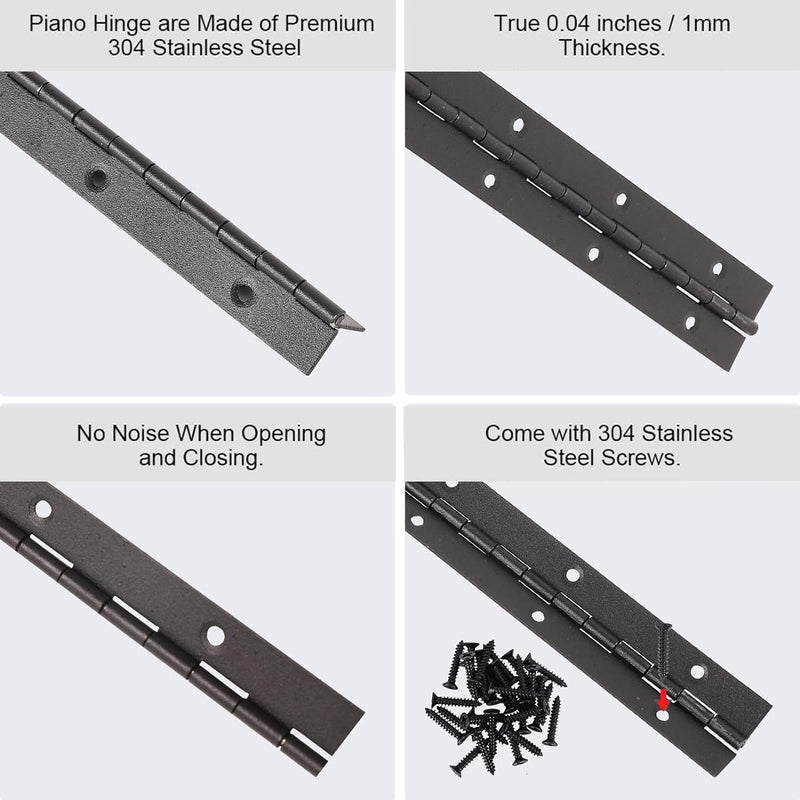 16-Inch Black Continuous & Piano Hinges - 2 PCS Heavy Duty Stainless Steel Butt Hinges with Hole - 0.05" Thickness, 1.2" Open Width - Ideal for Folding Cabinet Doors - Includes 32pcs Screws