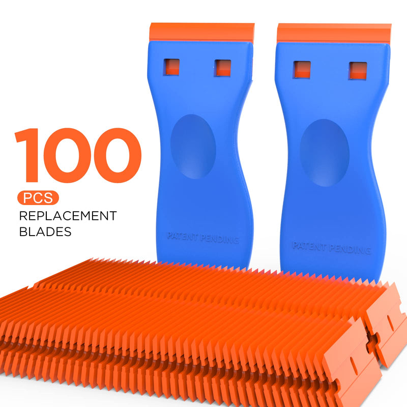 Plastic Razor Blades Scraper Tool - 2 Pack Wall Paint Remover with 100 Pcs Plastic Blades Kit No Scratch Car Window Glass Wood Sticker Removal Floor Stove Kitchen Vinyl Adhesive Decal Tape Cleanings Light blue