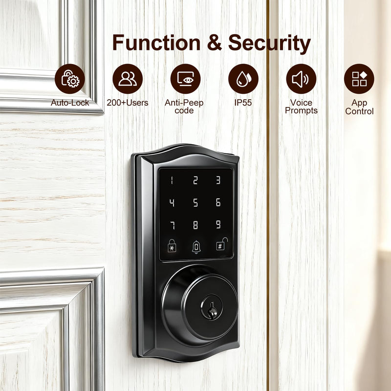 Smart Keyless Entry Door Lock with App Control, Electronic Touchscreen Keypad Deadbolt with Doorbell, App Remote, Voice Prompt, Auto Lock, IP55 Waterproof, 500+ User Capacity, Easy Installation