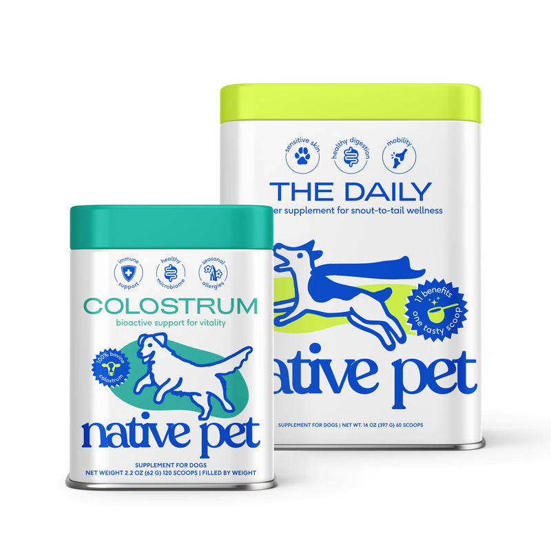 Native Pet The Daily Dog Vitamins & Supplements (60 Scoops) & Bovine Colostrum Powder (120 Scoops) – 11-in-1 Multivitamin, Allergy Relief, Immune Support & Itchy Skin Treatment for Dogs