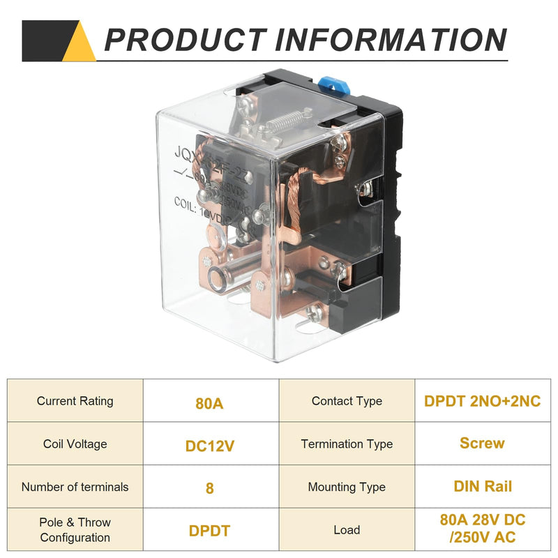 PATIKIL DC12V 80A Electromagnetic Relay, High Power Relay DPDT 2NO 2NC 8 Terminals Din Rail Mounting