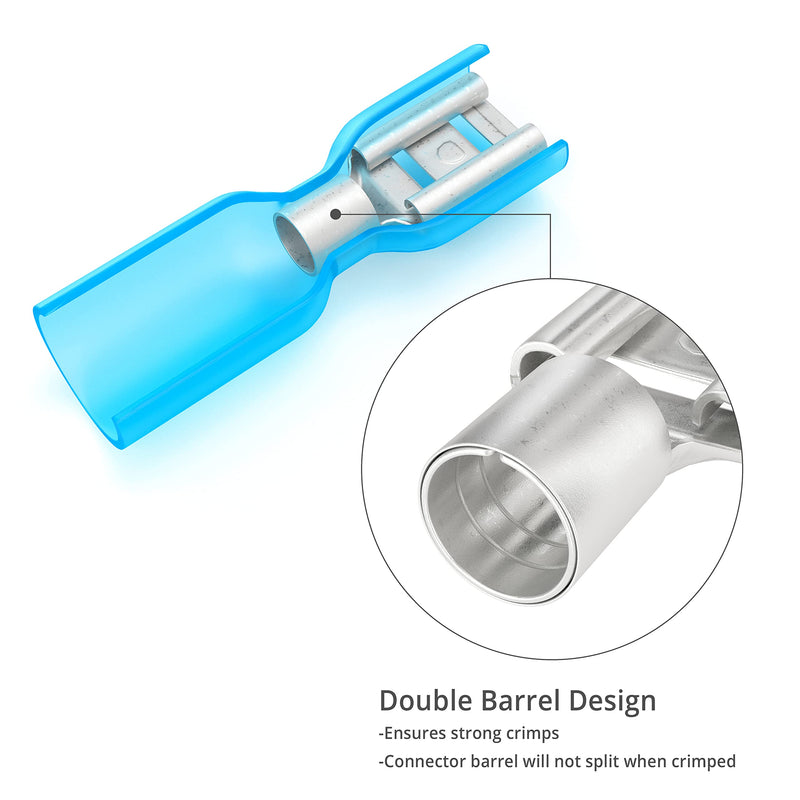 Wirefy 150 PCS Wire Spade Connectors - Female Spade Connector Heat Shrink - Quick Disconnect Wire Connectors - Electrical Spade Terminals - Female Spade Connector 16-14 Gauge | Blue Spade Connectors