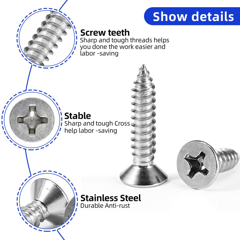 #8 x 1 Flat Head Sheet Metal Screws Phillips Drive Wood Screws, 304 Stainless Steel 18-8, Pack of 100 #8 x 1" Silver