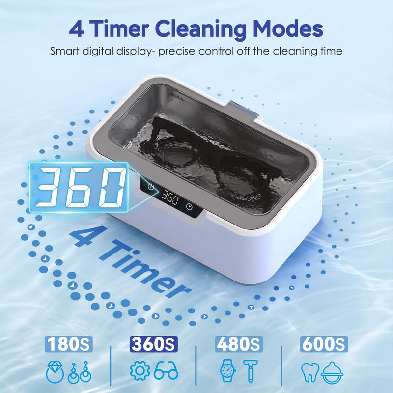 Ultrasonic Jewelry Cleaner Machine: Ring Cleaner Ultrasonic, 48Khz Sonic Cleaner for Necklaces, Eyeglasses, Watch Strap, Dentures - Digital Timer, 4 Time Modes, 304 Stainless Steel, 13.5oz White