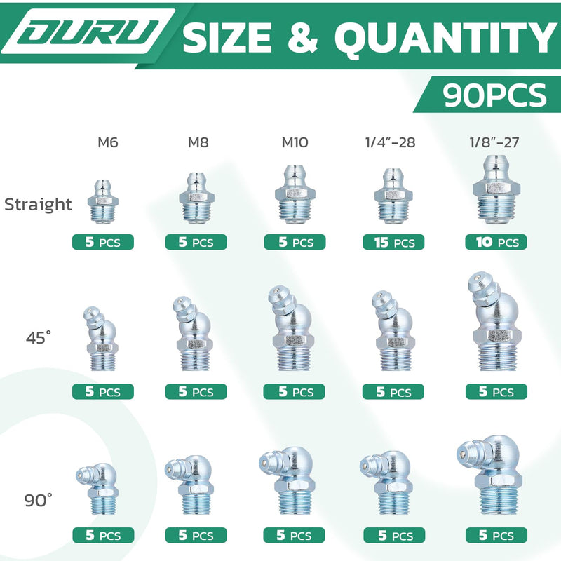 90PCS SAE & Metric Grease Fittings Assortment,Zerk Grease Fittings Kit NPT 1/4" 1/8" M6 M8 M10 Straight 45 90 Degree Grease Gun Fittings 90PCS KIT-SAE & METRIC