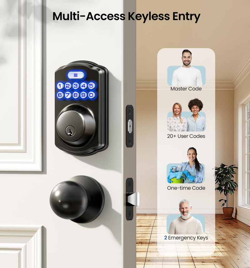 Veise Keyless Entry Door Lock with 2 Knobs, Electronic Backlit Keypad Deadbolt with Handle Set, Auto Lock, One-time Codes, Smart Deadbolt for Front Door, Easy Installation, Matte Black Knob