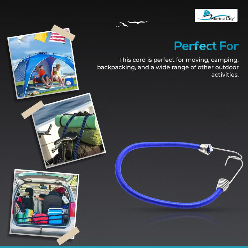 MARINE CITY Blue Bungee Cord with Stainless Steel Hook – 32 Inches, Durable, Weatherproof for Marines, Boats, Camping, Ships, Tie Downs Bungee Cord (Pack of 4)