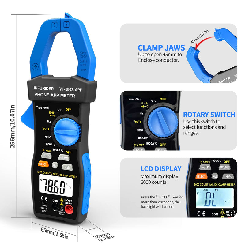 Bluetooth Clamp Meter, TRMS 6000 Counts Auto- Ranging Clamp on Ammeter, 1000A AC/DC Current Clamp Volt Meter, Wireless Clamp Multimeter Measures Capacitance, Ohm, Hz, NCV and Temperature