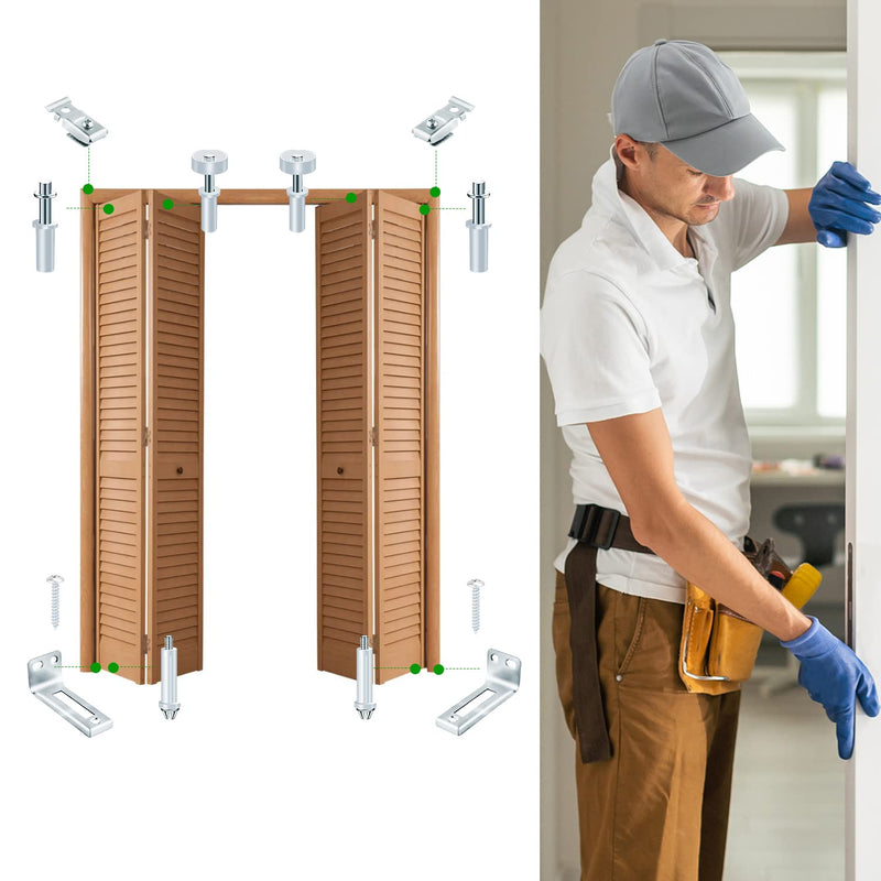 Bi-Fold Door Hardware Repair Kit, Closet Door Hardware for 3/8 inch Thick Doors,with Top and Bottom Pivots,Guide Wheel Bifold Closet Door Hardware Repair Replacement