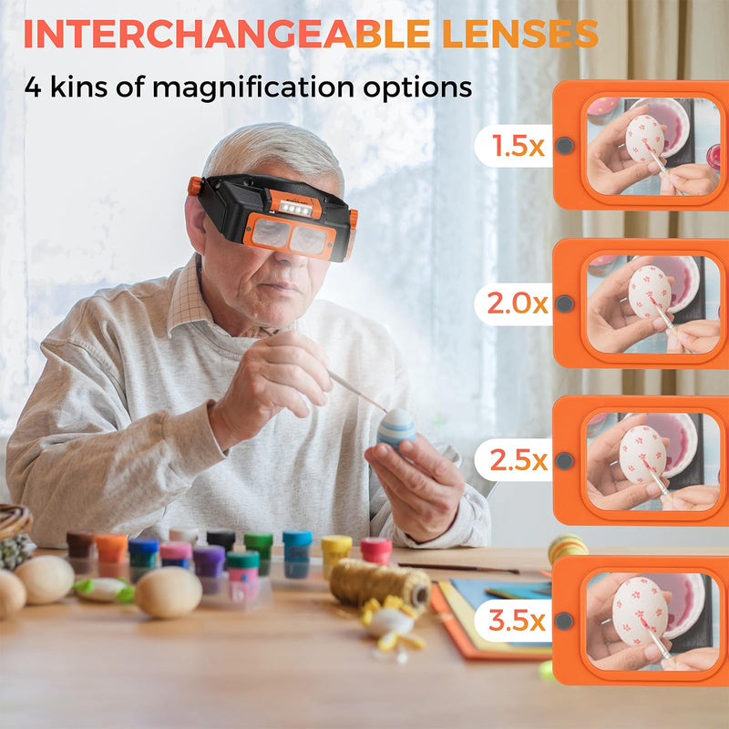 Headband Magnifier with Light, Rechargeable Magnifying Glasses for Close Work, 1.5X - 3.5X Magnify Headset with 4 Lenses, Jewelers Magnifying Glass Loupe Visor for Repair,Crafts, Hobby Orange