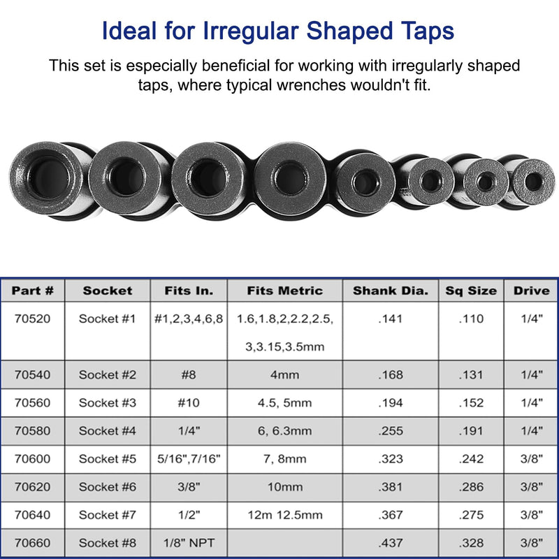 70500 Tap Socket Set Use with 1/4" & 3/8" Drive, Fit Fractional MCTI Standard Tap thru 1/2" & 1/8" NPT taps & Metric Tap thru 12mm Manufactured to MCTI Standard, 8-Piece