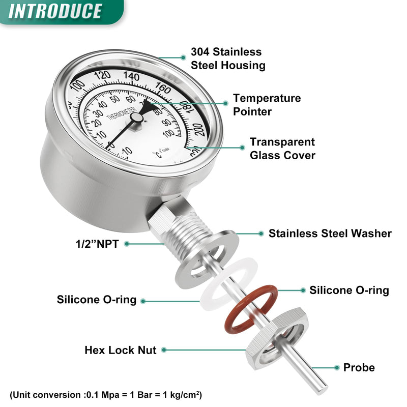 1/2" NPT Bimetal Thermometer, 0-220°F/-10-100°C, 3.2" Dial, 4.4" Stainless Steel Stem, Lower Mount, for Water, Oil, Steam, Boilers, Pipes 3.2" Dial, 4.4" Stem (0-220°F/-10-100°C)