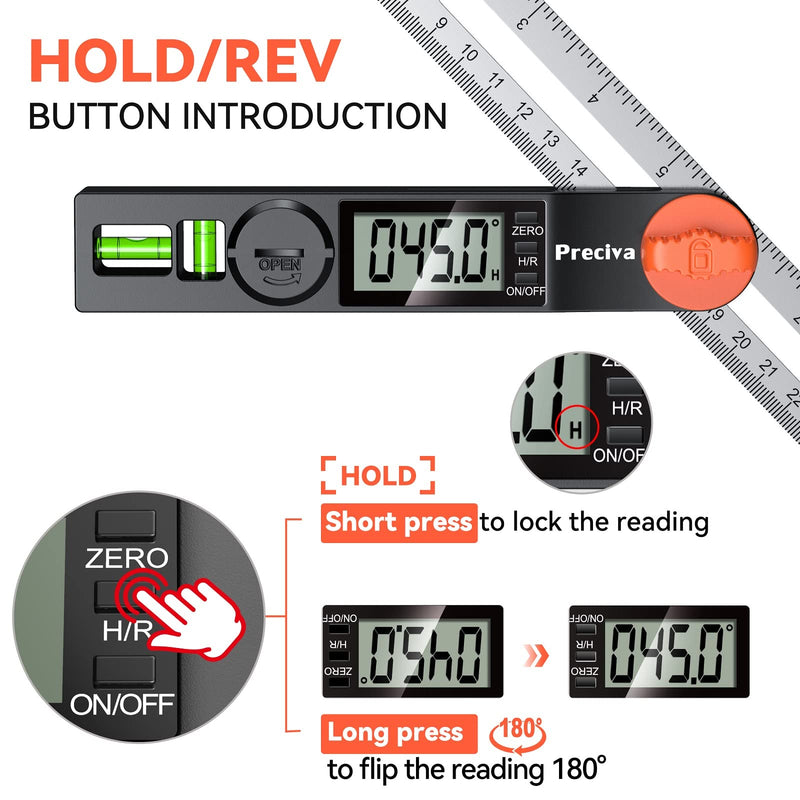 Preciva T-Bevel Gauge & Protractor with Horizontal and Vertical Bubble,0-338° Digital Angle Finder Protractor 230mm/8inch Display for Carpentry Woodworking, Metalworking, Construction Alloy Steel