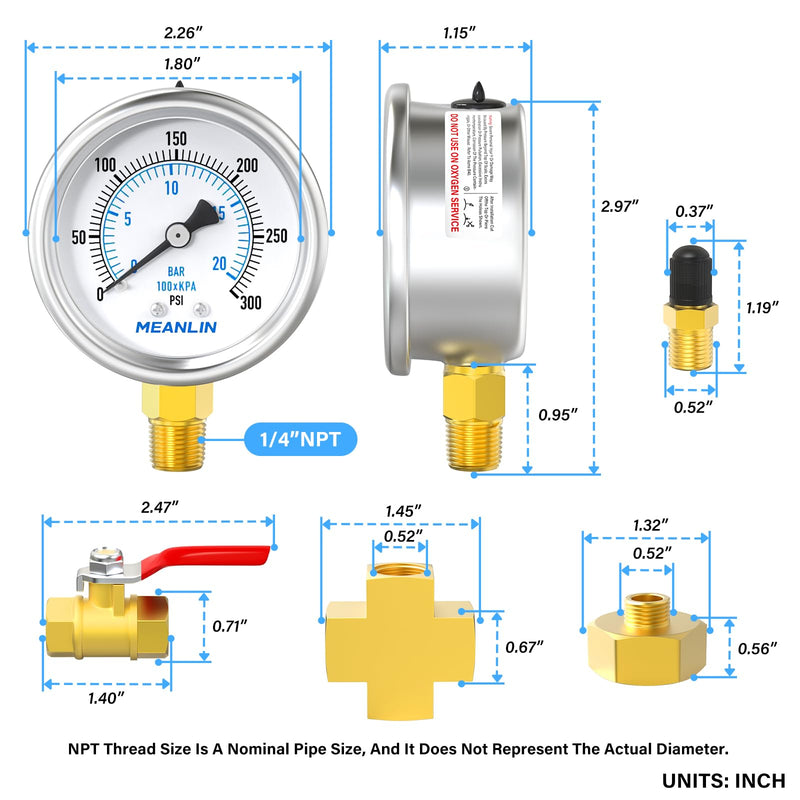 MEANLIN MEASURE 0~300Psi Air Over Water Test Kit, Stainless Steel 1/4" NPT 2" FACE DIAL Pressure Gauge for Leak Detection and Pressure Testing Lower Mount, with 3/4" GHT Brass Fitting and Ball Valve