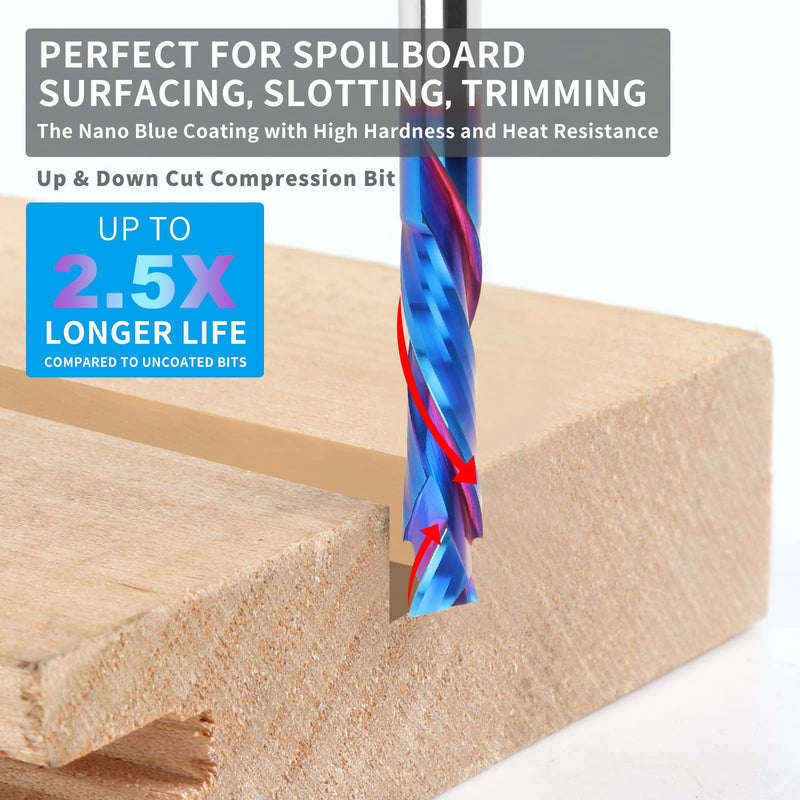 Compression Spiral Router Bits 1/4" Shank,1-1/4" Cutting Length, Extra Long 3 Inch, Carbide UP Down Cut CNC Router Bits End Mill for Wood Mortises Carving Engraving 3" OVL - Compression