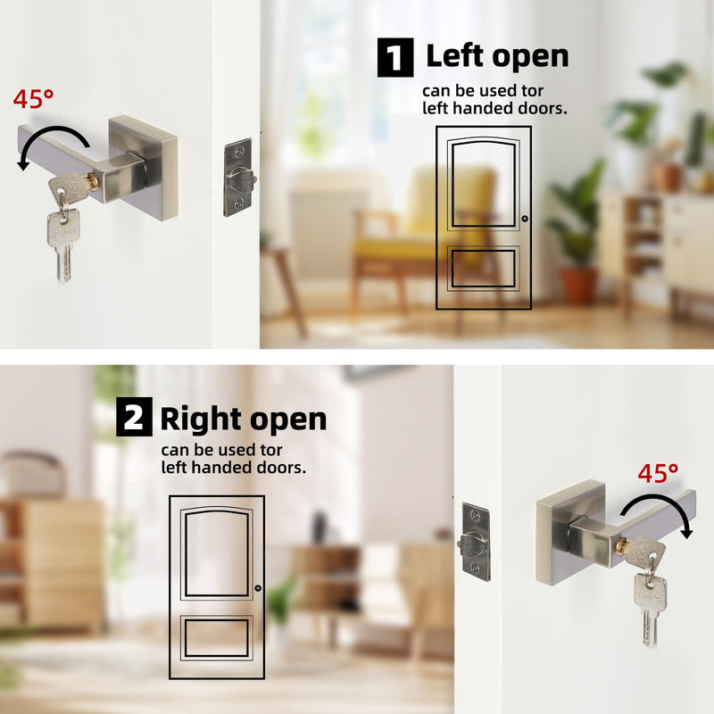 Entrance Lever Door Handle , Square Door Lever for Bedroom or Office, Passage Door Privacy Locking Interior/Exterior Entry Door Knob Silver
