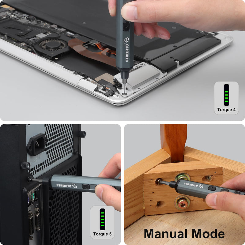 STREBITO Mini Electric Screwdriver Set, 70 in 1 Small Electric Screwdriver Cordless - 64 S2 Preicison Bits, 5 Torque Settings, 4 LED Lights, Mini Power Screwdriver Repair Tool Kit for PC RC Electronic Grey