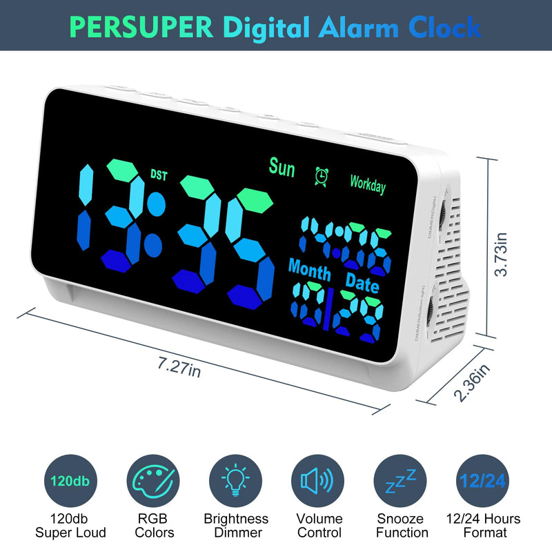 120db Super Loud Alarm Clock for Heavy Sleepers, Bluetooth Connection, 15 Wake Up Sounds, 7 Color Night Light, Dynamic RGB Color Changing, 0-100% Dimmer, Snooze, Digital Clock for Bedroom