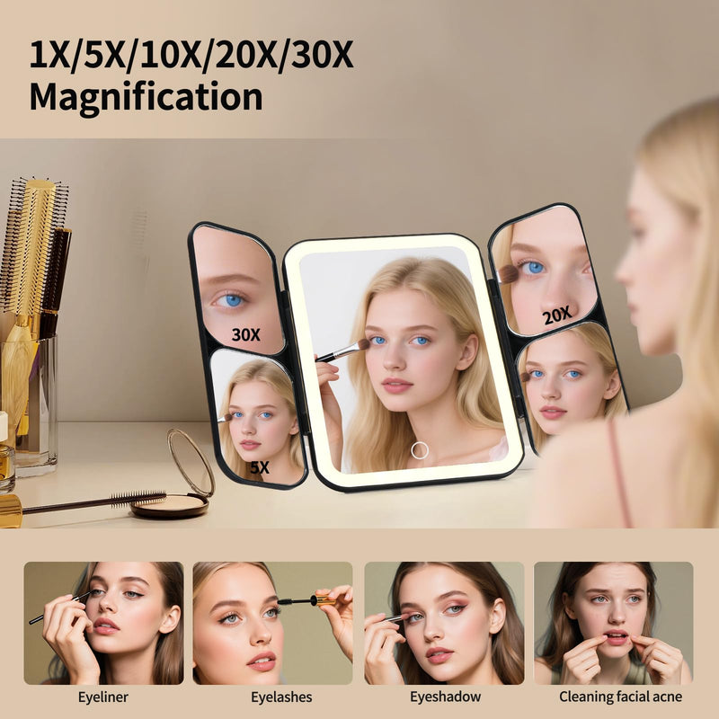 Tri-fold Vanity Mirror with Light,Rechargeable Travel Makeup Mirror with 5X/10X/20X/30X Magnifying Mirror,Touch Screen Dimming Light Up Vanity Mirrors for Travel Home,Black Black