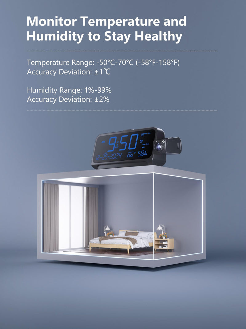 Projection Alarm Clock for Bedroom, Alarm Clock with 350° Rotatable Projector, 5 Brightness, Dual Alarm with Weekday/Weekend Mode, Temp & Humidity, Snooze, Bedside Alarm Clock for Heavy Sleepers(Blue) Blue