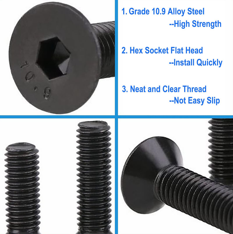 75PCS Flat Head Hex Socket Cap Screw Bolt, Grade 10.9 Alloy Steel, M6 x 10/12/16/20/30mm SCK Allen Head Hex Drive Machine Screw Set with Hex Key, Black Oxide Finish, Fully Threaded Pitch: 1.0mm 75pcs-M6 x 10/12/16/20/30