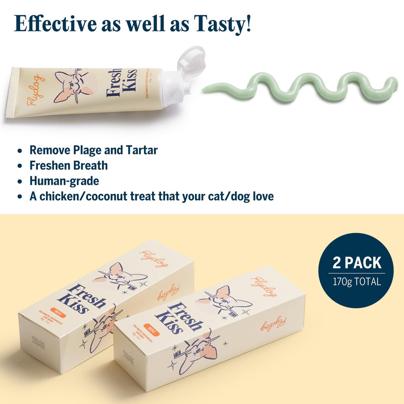 FlyDog Fresh Kiss Enzymatic Dog Toothpaste Kit - Vet Approved Organic Fomula with Coconut Oil, Tartar Remover for Dogs & Cats, 2 Tubes Pack with Toothbrushing Calendar & Brush Guide, Mint Flavor Mild Mint - PawsPlanet Australia