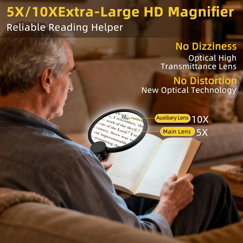 2500mAh Magnifying Glass with Light, Upgrade LCD Display Screen 5X/10X Lighted Magnifier for Seniors & Low Vision, Hands Free Magnifier for Reading, Knitting, Cross Stitch & Crafts Black