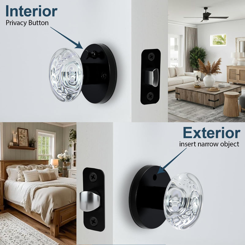 Cielsa Dawn Glass Door Knobs Interior with Lock, Crystal Door Knobs with Lock(Matte Black, Privacy)