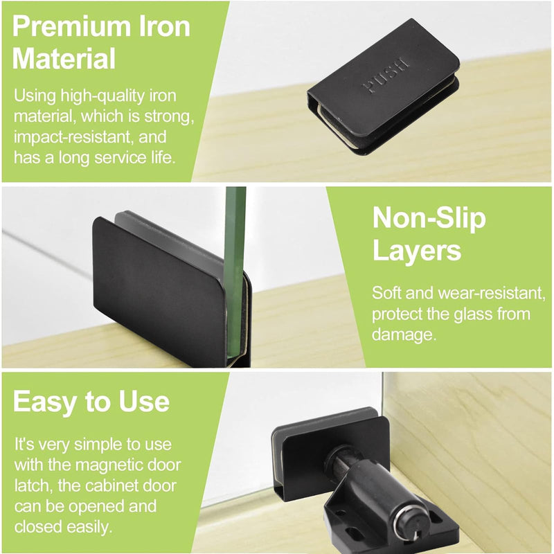 Glass Door Magnetic Catch Closures, 4 Set Push Open Single Glass Door Magnetic Touch Latchs with Adjustable Cabinet Clamp, Fit for 3-6mm Free-Swinging Glass Door (Black) 4 Set,3-6mm Single-Black - NewNest Australia