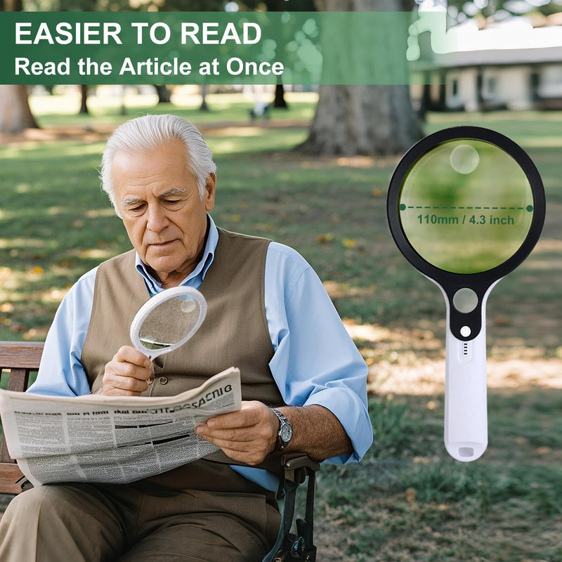 Magnifying Glass with 48 LED Light, 10X 20X 45X Handheld Illuminated Lighted Magnifier with 5 Light Modes Rechargeable Magnifying Glass for Seniors Reading Inspection (Black & White) White Handle