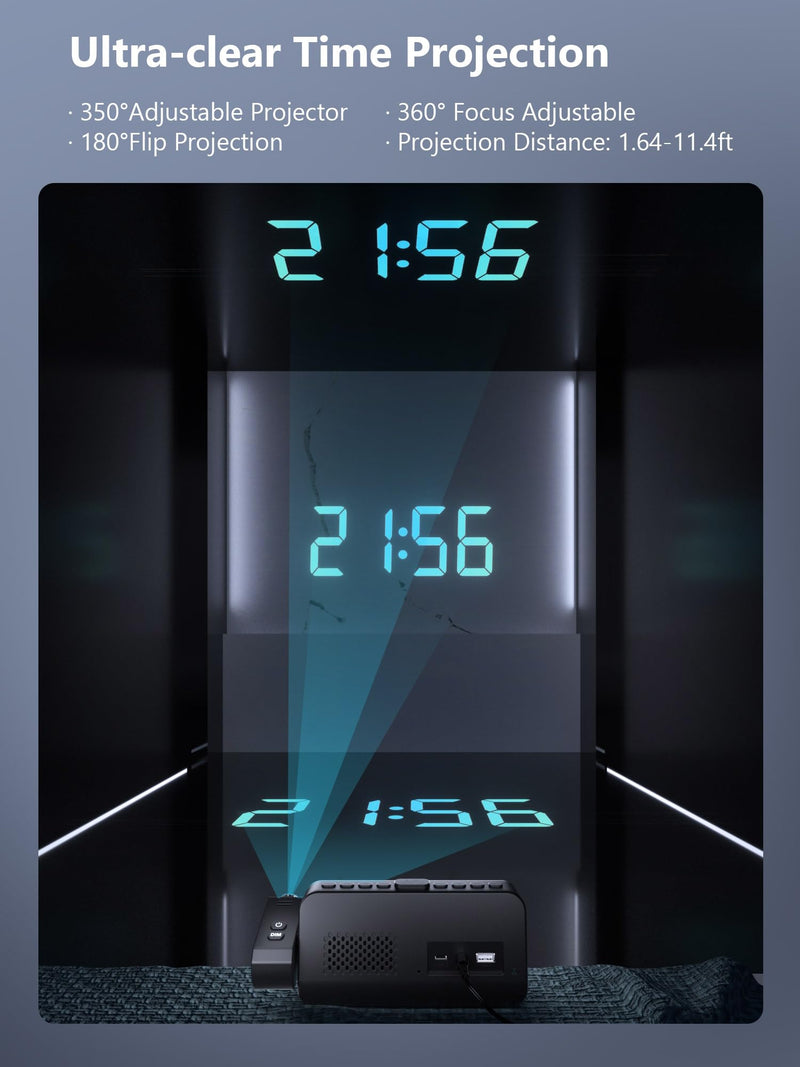 Projection Alarm Clock for Bedroom, Alarm Clock with 350° Rotatable Projector, 5 Brightness, Dual Alarm with Weekday/Weekend Mode, Temp & Humidity, Snooze, Bedside Alarm Clock for Heavy Sleepers(Blue) Blue