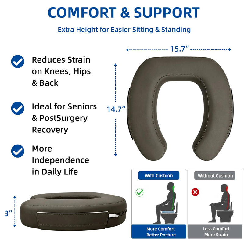 3-Inch Padded Raised Toilet Seat Cushion for Seniors | Firm High-Density Foam Toilet Seat Riser with Waterproof Cover, Fits Standard Toilets (Space Gray) Space Gray 3 inches