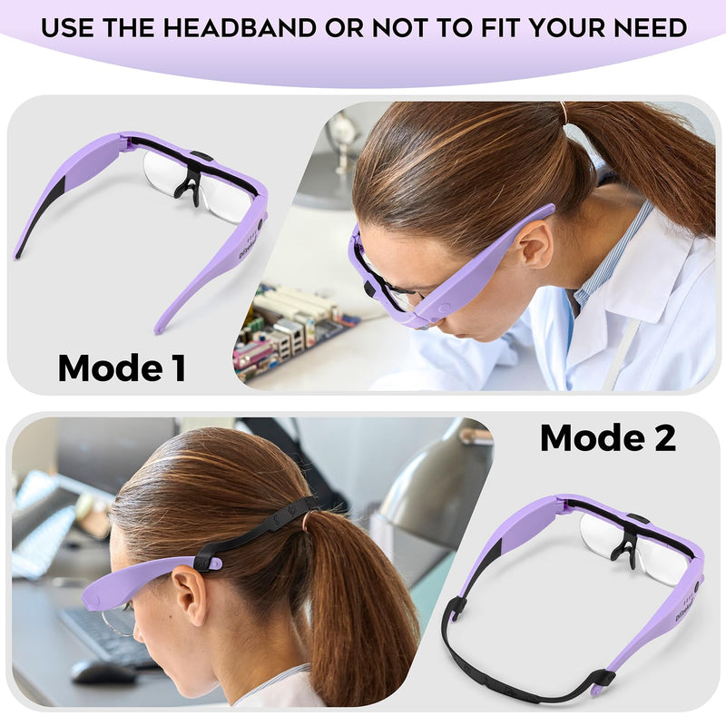 Magnifying Glass with Light, Rechargeable Magnifying Glasses 1.5X-5X Lenses, Magnify Glasses for Close Work with Carry Case, Magnifier Headset Headband Magnifier for Craft Hobby Cross Stitch Purple
