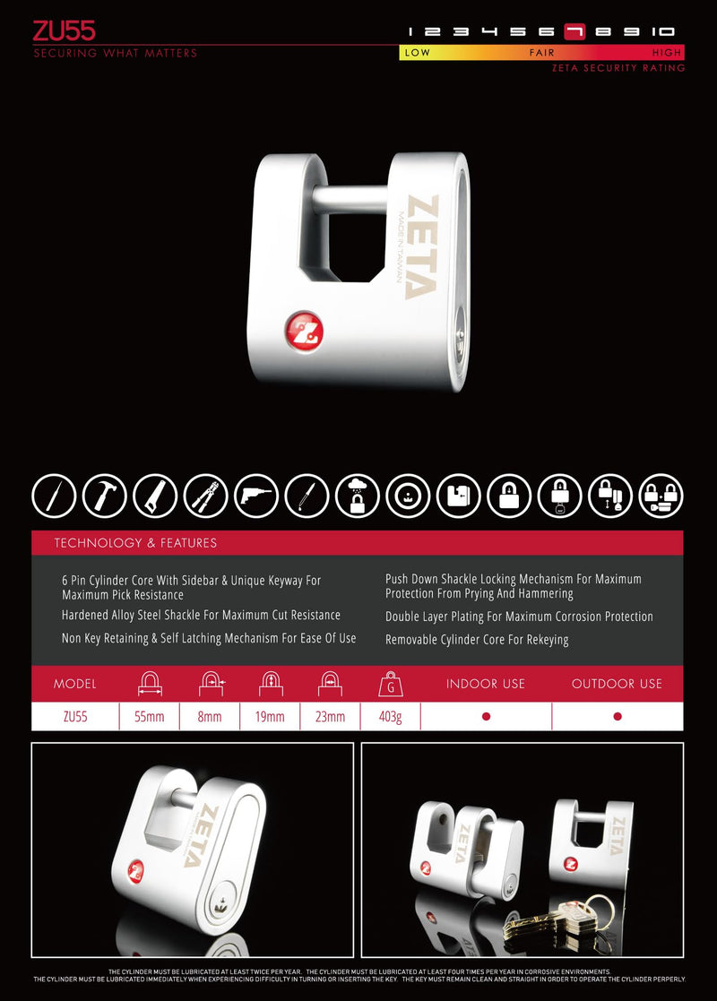 ZETA ZU55 High Security 6-Pin Dimple Slider with Sidebar Cut Pick Resistant Locksport 55mm Width Padlock