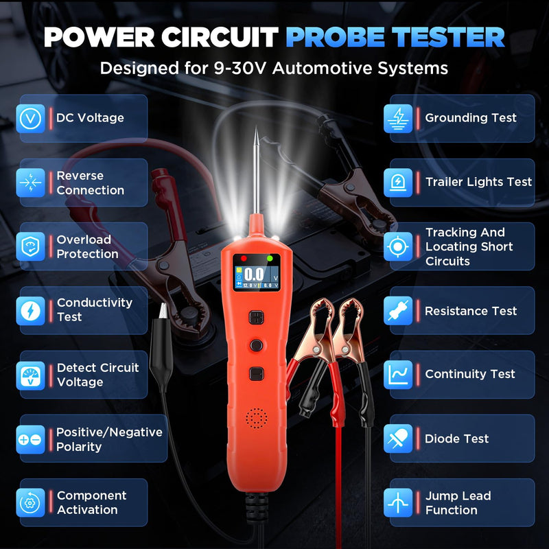 Power Circuit Probe Tester, 9V-30V DC Automotive Short Circuit Finder with 13ft Cable, Auto Electrical Tester wih LED Light, Automotive Test Light, Overload Protection