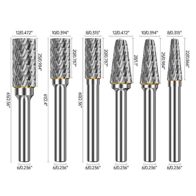 HUHAO Carbide Rotary Burr Set for Dremel, 6PCS Carbide Double Cut Carving Burr Bits with 1/4" Shank Rotary Tool Accessories for Woodworking, Engraving, Drilling, Steel Metal Working 6pc-C Silver