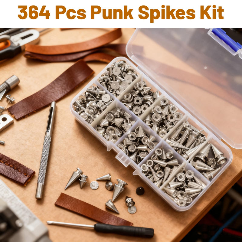 364 Pcs Punk Spikes and Studs Kit, 8 Sizes Metal Cone Spikes and Studs Rivets for Clothing Leathercraft DIY Craft