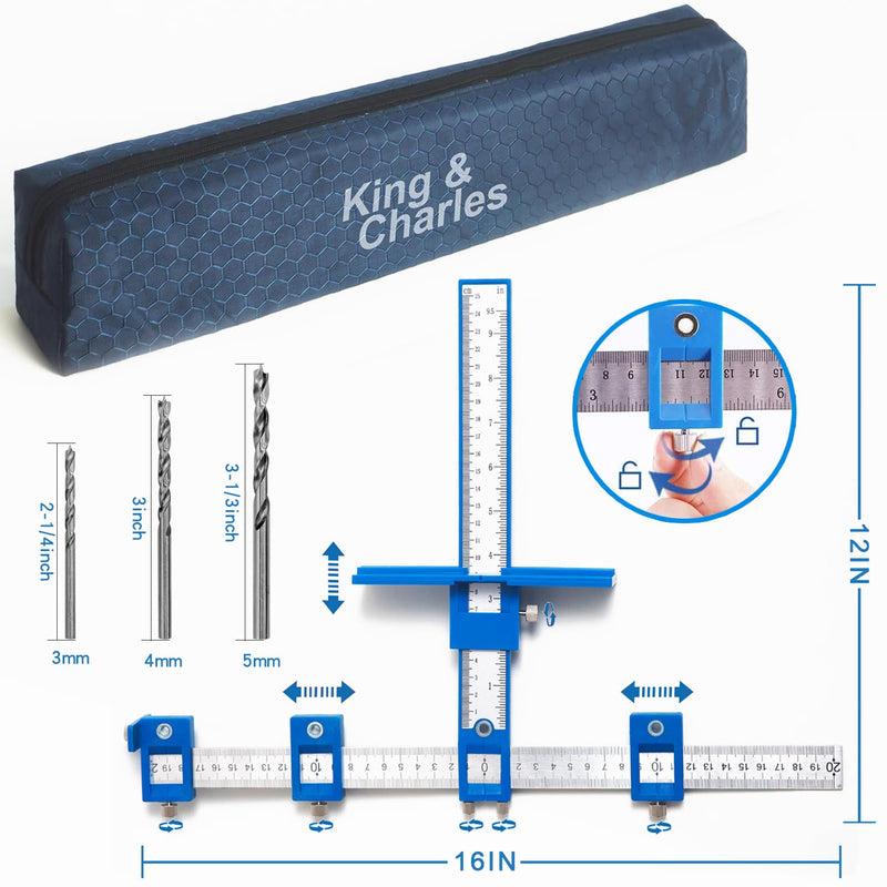 King&Charles Cabinet Hardware Jig, Cabinet Handle Jig with Point Wood Drils Bits, Cabinet Jig for Handles and Pulls on Drawers/Cabinets/Doors, Cabinet Hardware Template Tool Set. ABS