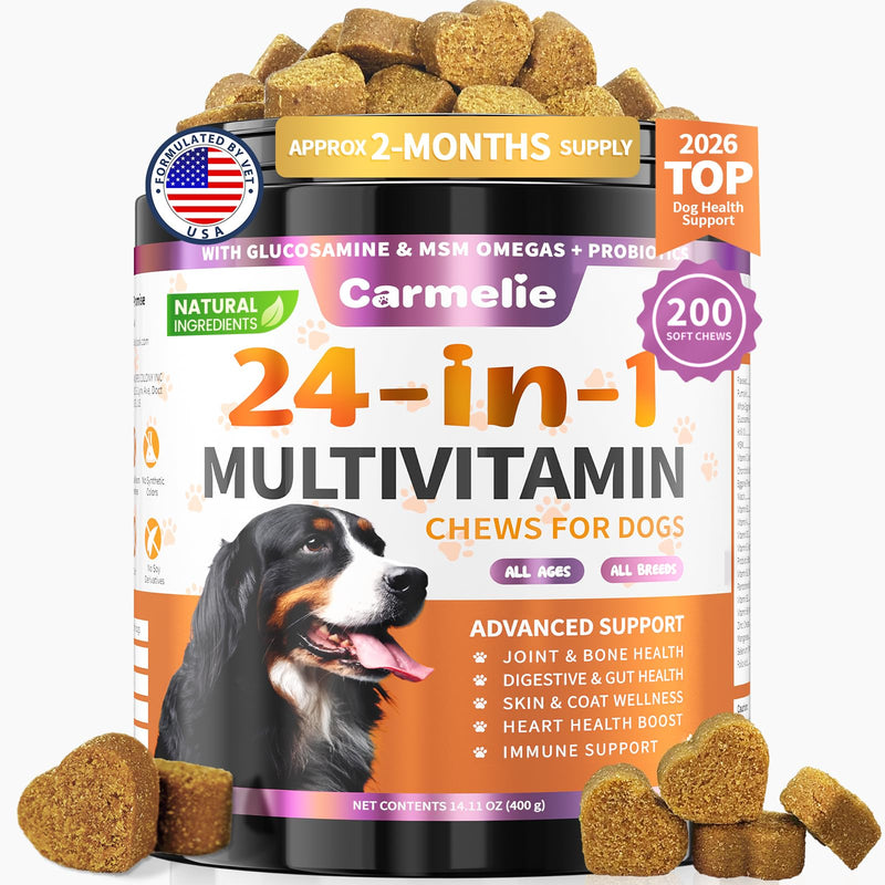 Carmelie Dog Vitamins, 24 in 1 Dog Vitamins and Supplements, 200 Chews with Glucosamine Probiotics Omega-3 Puppy Multivitamins Chewable for Hip & Joint, Skin & Coat, Immune Health, Digestive (Chicken)