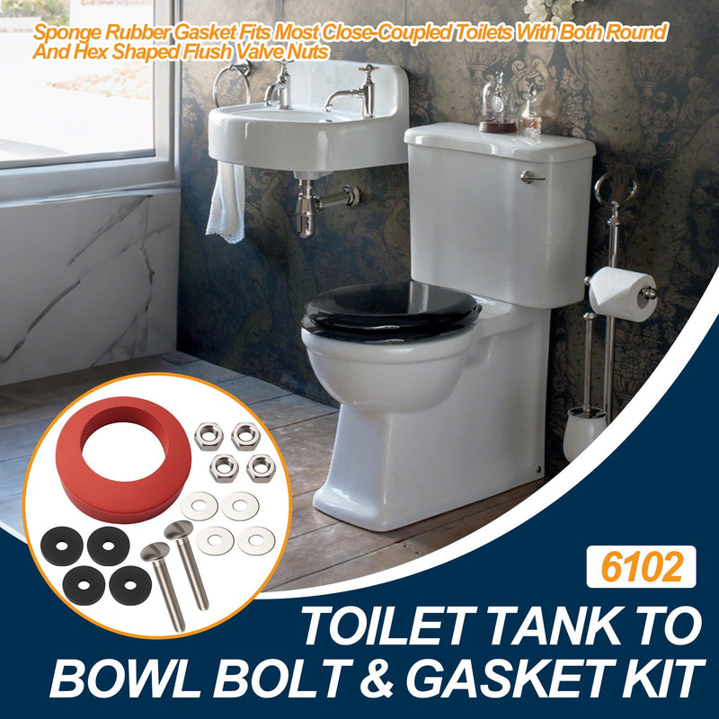 6102 Toilet tank to bowl bolt & gasket kit fit for Fluidmaster tank and Most Toilets, Sponge Rubber Gasket Fits Most Close-Coupled Toilets With Both Round And Hex Shaped Flush Valve Nuts