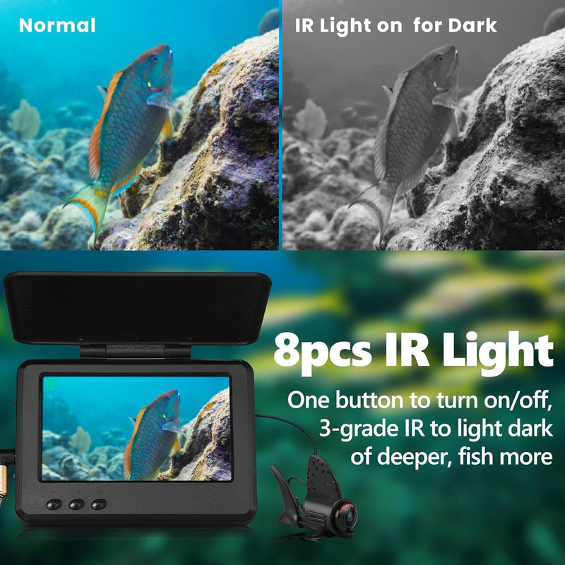 𝟮𝟬𝟮𝟲 𝗡𝗘𝗪 Underwater Fishing Camera HD1080P 4.3'' IPS w/ 5000mAh, [30°~150° Angle Fin] Ice Fishing Camera Underwater Portable Fish Finder Fishing Gift for Men, IR, Boat and Kayak Fishing, 65FT Black