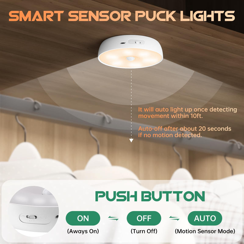 Warm Color LED Closet Lights Wireless Motion Sensor Puck Light, USB Rechargeable Battery Operated Puck Lights with Remote, Dimmable Under Cabinet Counter Lighting for Wardrobe Kitchen (6 Pack) Warm White 6 Pack