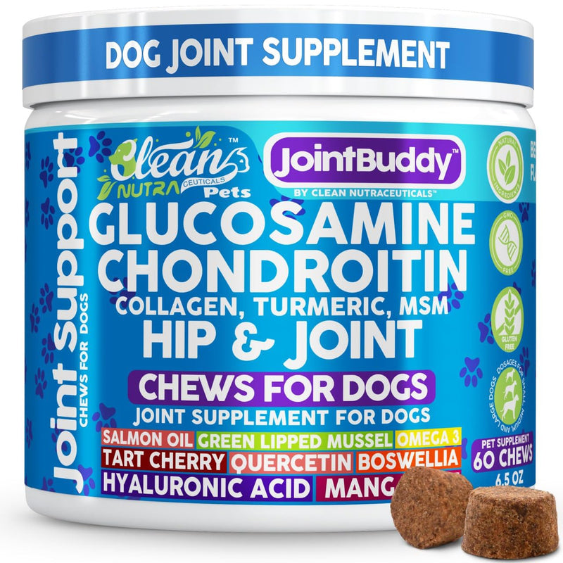 JointBuddy Glucosamine Chondroitin Joint Supplement for Dogs Salmon Oil MSM Tart Cherry Omega 3 6 9 Fish Oil Hyaluronic Acid Supplements & Collagen for Dogs 60 Chews Beef Flavor by Clean Nutra Pets