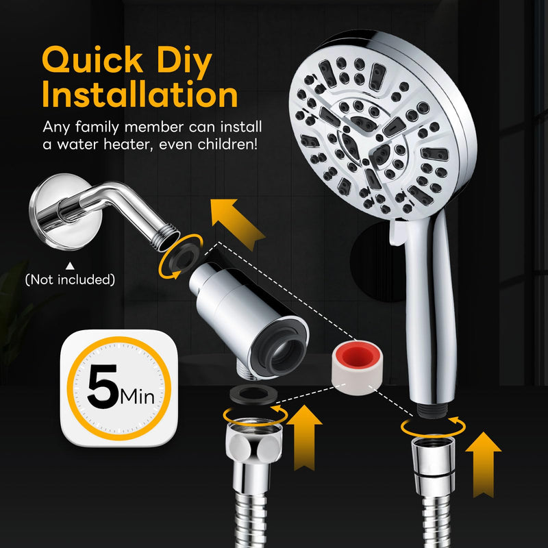 High Pressure 10 Ways Handheld Shower Head Chrome- Anti-clog Nozzles, Built-in Power Wash to Clean Tub, Wall & Overhead Brackets,Magnetitc Rainfall Shower Wand,Built-in 2 Power Jet